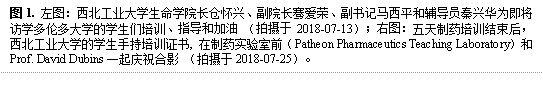 图1. 左图:澳门官方十大网投平台排行榜入口长仓怀兴、副院长骞爱荣、副书记马西平和辅导员秦兴华为即将访学多伦多大学的学生们培训、指导和加油 (拍摄于2018-07-13);右图:五天制药培训结束后,澳门官方十大网投平台排行榜入口的学生手持培训证书, 在制药实验室前(Patheon Pharmaceutics Teaching Laboratory)和Prof. David Dubins一起庆祝合影 (拍摄于2018-07-25)。